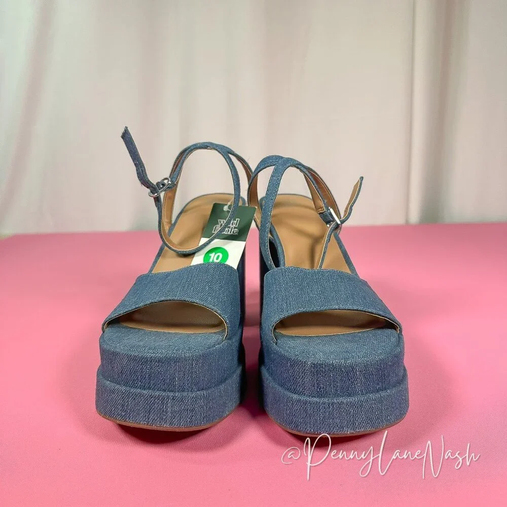 Wild Fable Chunky Block High Heels Denim Sandal Size10 Blue - Picture 2 of 11